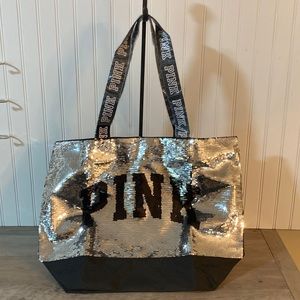 Victoria’s Secret PINK large black and silver nylon sequin tote with zip closure